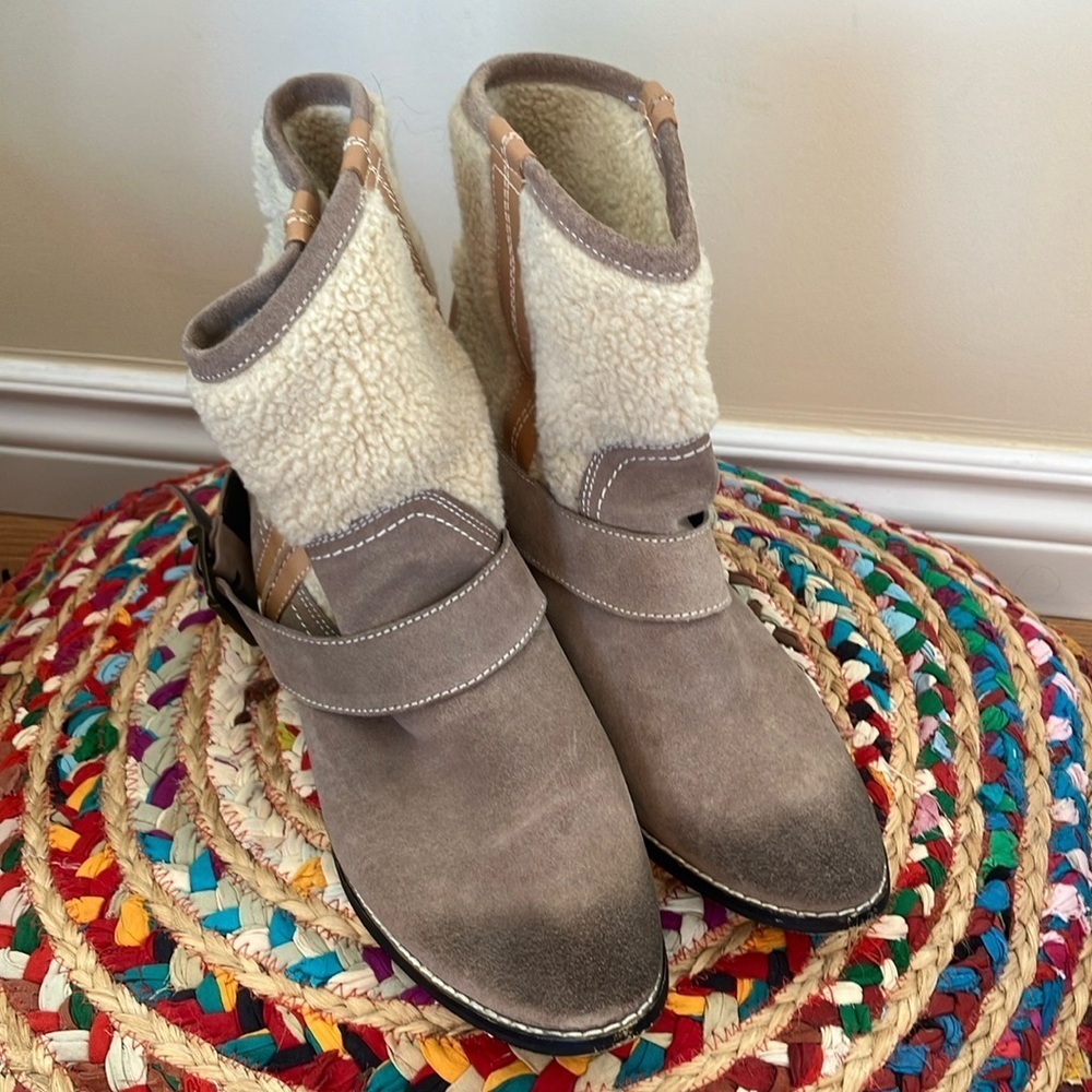 Kelsi Dagger Gray Suede Leather Shearling Ankle Boots